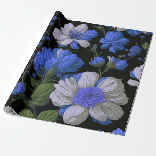 Papier Cadeau Elégant bleu argenté blanc élégant floral rétro (Déroulé)