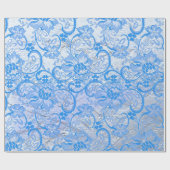 Papier Cadeau Elégant bleu argenté Paisley Floral (Plat)