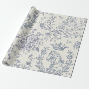 Papier Cadeau Elégant Bleu Chic Beige Equestre Toile Florale