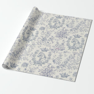 Papier Cadeau Elégant Bleu Chic Beige Equestre Toile Florale