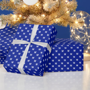 Papier Cadeau Élégant bleu cobalt blanc personnalisé monogram