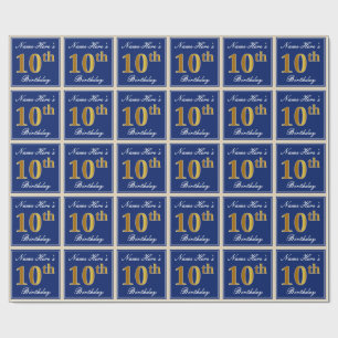Papier Cadeau Elégant, Bleu, Faux Or 10ème Anniversaire + Nom