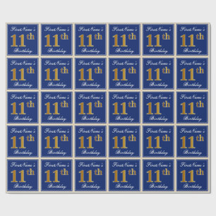 Papier Cadeau Elégant, Bleu, Faux Or 11ème Anniversaire + Nom
