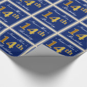 Papier Cadeau Elégant, Bleu, Faux Or 14ème Anniversaire + Nom (Coin)