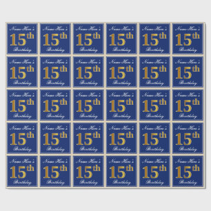 Papier Cadeau Elégant, Bleu, Faux Or 15ème Anniversaire + Nom