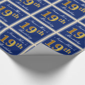 Papier Cadeau Elégant, Bleu, Faux Or 19ème Anniversaire + Nom (Coin)