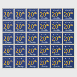 Papier Cadeau Elégant, Bleu, Faux Or 20ème Anniversaire + Nom