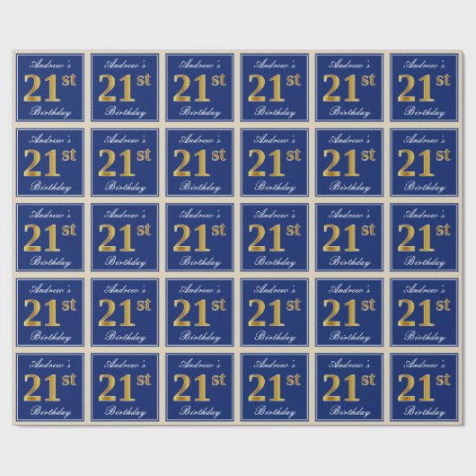 Papier Cadeau Elégant, Bleu, Faux Or 21ème Anniversaire + Nom (Plat)