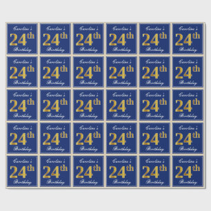 Papier Cadeau Elégant, Bleu, Faux Or 24ème Anniversaire + Nom