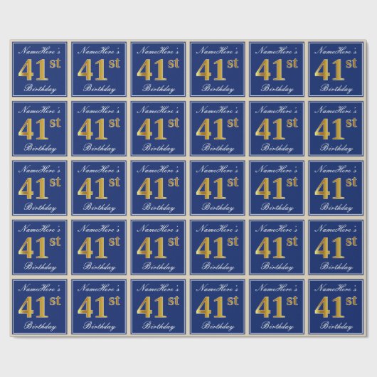 Papier Cadeau Elégant, Bleu, Faux Or 41ème Anniversaire + Nom (Plat)