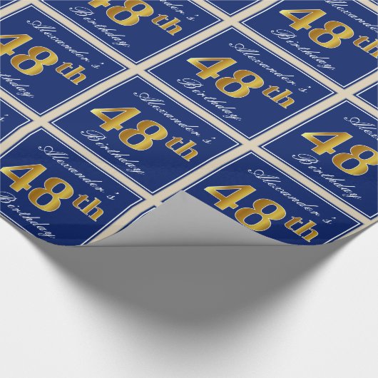 Papier Cadeau Elégant, Bleu, Faux Or 48ème Anniversaire + Nom (Coin)