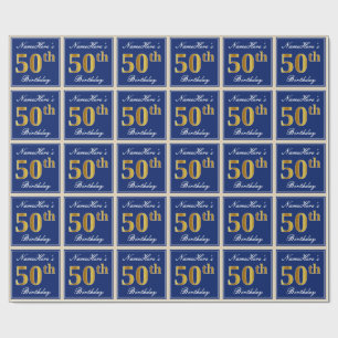 Papier Cadeau Elégant, Bleu, Faux Or 50ème Anniversaire + Nom