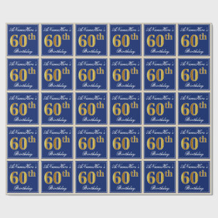 Papier Cadeau Elégant, Bleu, Faux Or 60ème Anniversaire + Nom