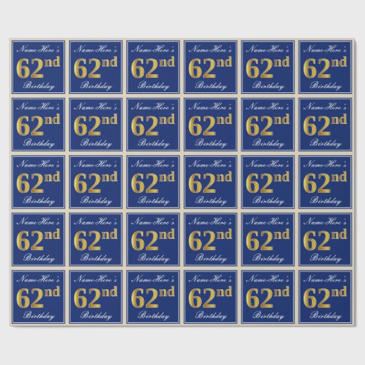 Papier Cadeau Elégant, Bleu, Faux Or 62ème Anniversaire + Nom (Plat)