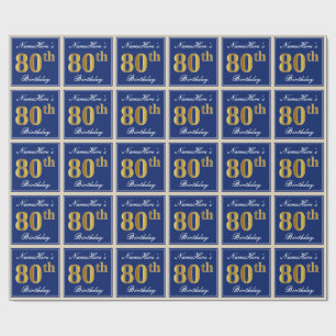 Papier Cadeau Elégant, Bleu, Faux Or 80e anniversaire + Nom