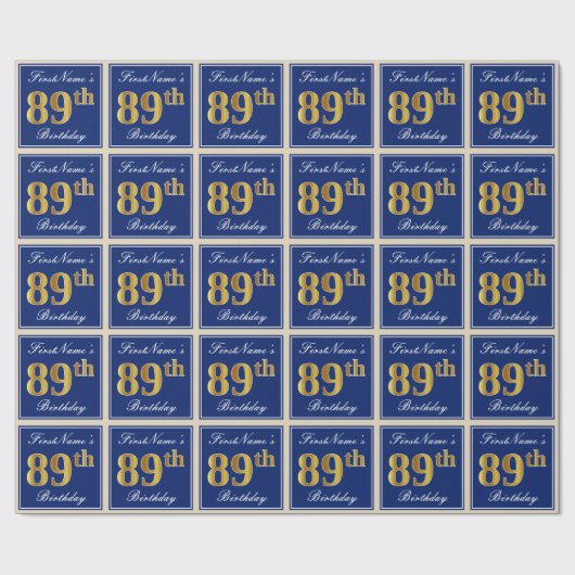 Papier Cadeau Elégant, Bleu, Faux Or 89ème Anniversaire + Nom (Plat)