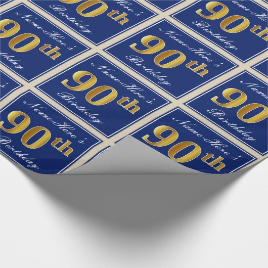 Papier Cadeau Elégant, Bleu, Faux Or 90ème Anniversaire + Nom (Coin)