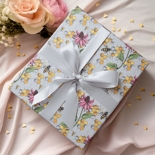 Papier Cadeau Elégant bleu Floral Queen Bee, Honeycomb & Fleurs