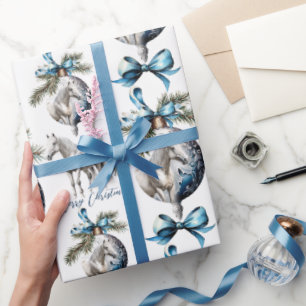 Papier Cadeau Élégant bleu Noël blanc cheval équestre