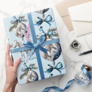 Papier Cadeau Élégant bleu Noël blanc cheval équestre