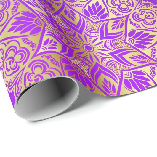 Papier Cadeau Elégant bleu or violet rose mandala Motif (Coin rond)