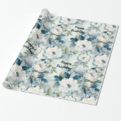 Papier Cadeau Elégant bleu Vintage Floral Anniversaire (Déroulé)