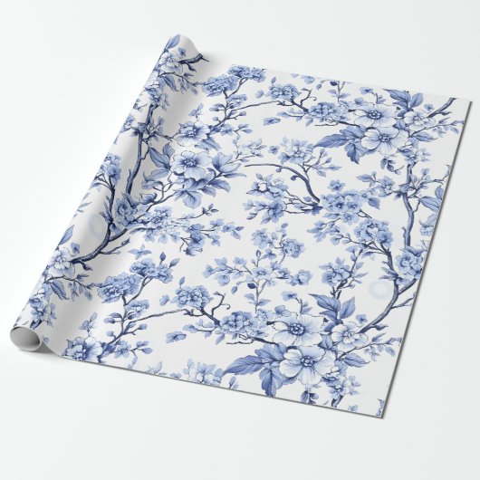 Papier Cadeau Élégant bleu Vintage français floral (Déroulé)