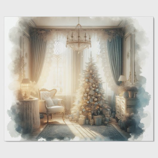 Papier Cadeau Elegant Blue and Gold Vintage Christmas (Plat)