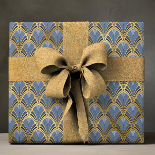 Papier Cadeau Elégant Blue Gold Art Déco Motif Vintage
