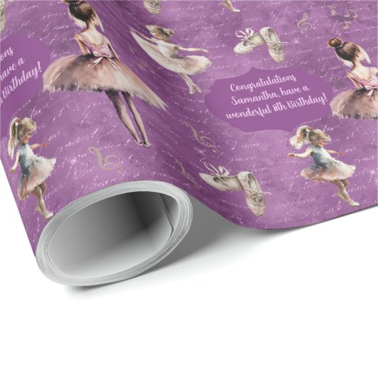 Papier Cadeau Élégant Blush Pink Purple Nom Age Texte Ballet (Coin rond)