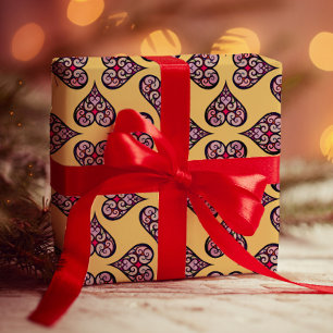 Papier Cadeau Elégant Boho Heart Motif Artisanat Jaune Décoratif