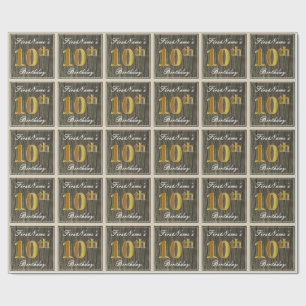 Papier Cadeau Élégant, Bois Faux, Or Faux 10e Anniversaire + Nom
