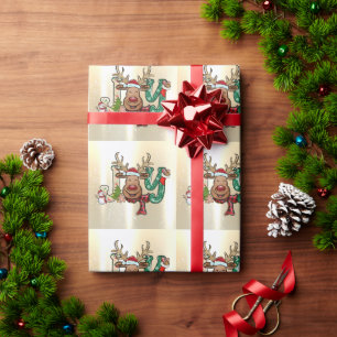 Papier Cadeau Élégant brillant, faux or, renne, bonhomme de neig