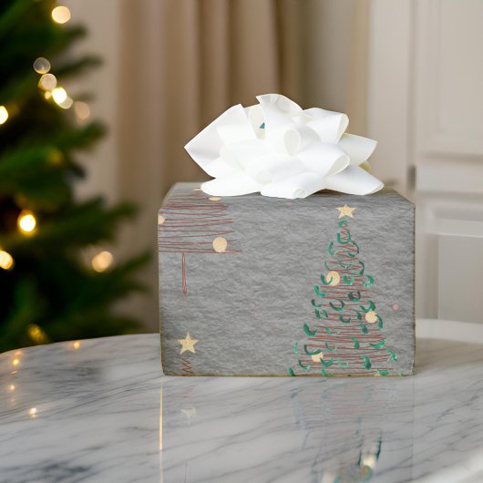 Papier Cadeau Élégant Brown et vert Arbres de Noël Acier Gris