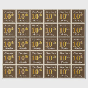 Papier Cadeau Elégant, Brown, Faux Gold 10e anniversaire + Nom