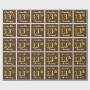 Papier Cadeau Elégant, Brown, Faux Gold 13ème anniversaire + Nom