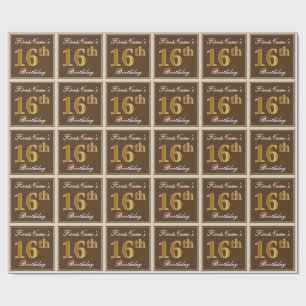 Papier Cadeau Elégant, Brown, Faux Gold 16ème anniversaire + Nom