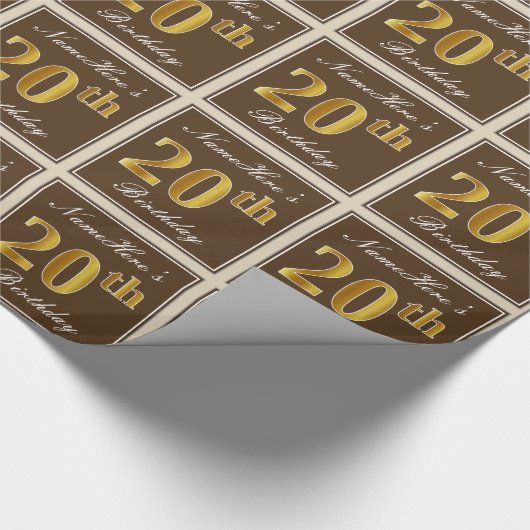 Papier Cadeau Elégant, Brown, Faux Gold 20e anniversaire + Nom (Coin)