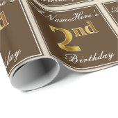 Papier Cadeau Élégant, Brown, Faux Gold 2e anniversaire + nom (Coin rond)