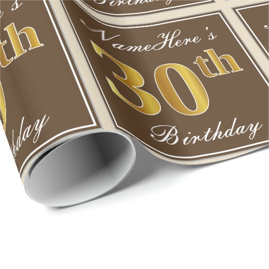 Papier Cadeau Elégant, Brown, Faux Gold 30e anniversaire + Nom (Coin rond)
