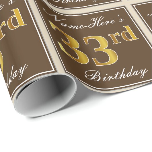 Papier Cadeau Elégant, Brown, Faux Gold 33ème anniversaire + Nom (Coin rond)