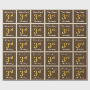 Papier Cadeau Elégant, Brown, Faux Gold 3ème anniversaire + Nom