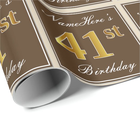 Papier Cadeau Elégant, Brown, Faux Gold 41ème Anniversaire + Nom (Coin rond)