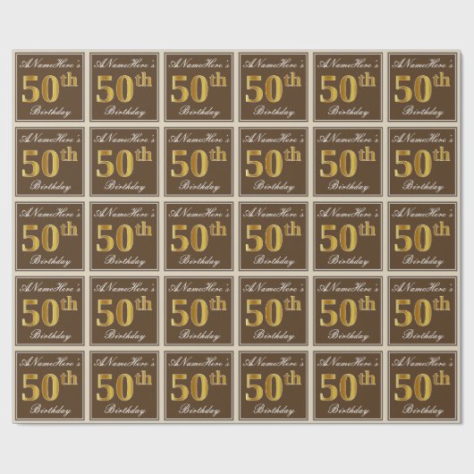 Papier Cadeau Elégant, Brown, Faux Gold 50e anniversaire + Nom (Plat)