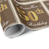 Papier Cadeau Elégant, Brown, Faux Gold 50e anniversaire + Nom (Coin rond)