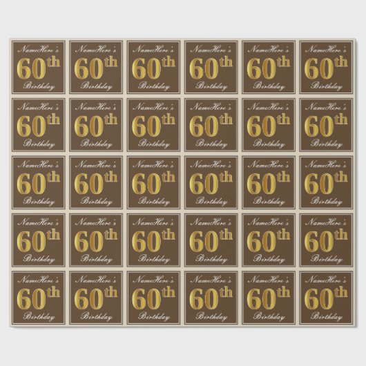 Papier Cadeau Elégant, Brown, Faux Gold 60e anniversaire + Nom (Plat)