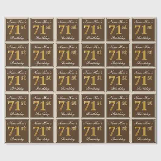 Papier Cadeau Elégant, Brown, Faux Gold 71ème anniversaire + Nom (Plat)