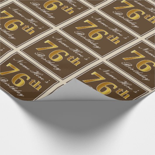 Papier Cadeau Elégant, Brown, Faux Gold 76ème anniversaire + Nom (Coin)