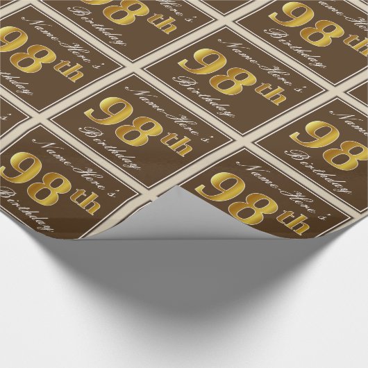 Papier Cadeau Elégant, Brown, Faux Gold 98ème anniversaire + Nom (Coin)