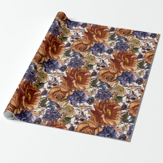 Papier Cadeau Elégant Burnt Orange Marine Bleu Automne Floral Au (Déroulé)